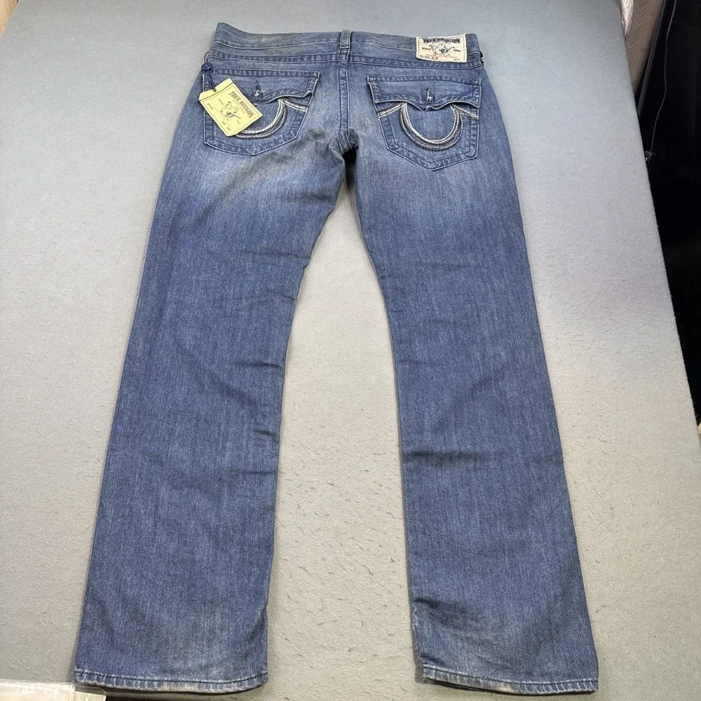 True Religion JEANS 36 Slim Fit Straight Blue Denim Flap Pockets Logo Button NWT